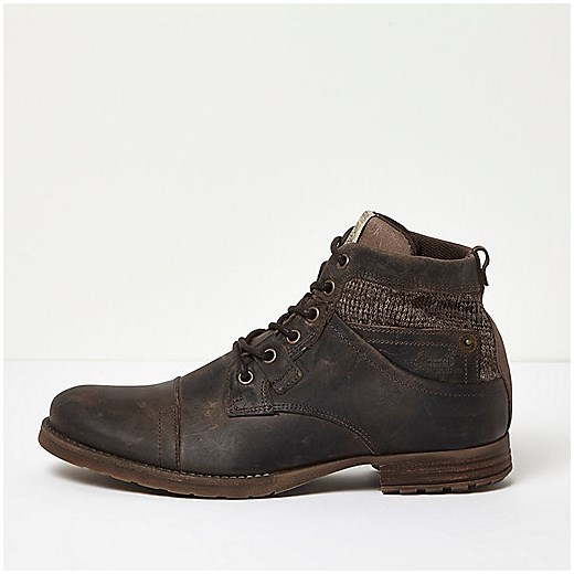 Brown leather textile panel work boots