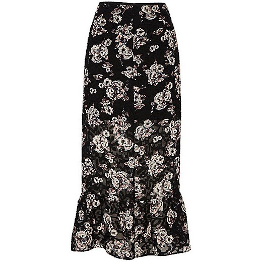 Black floral print frill hem midi skirt 