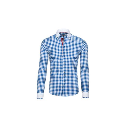 Niebieska koszula męska elegancka w kratę z długim rękawem Denley 5734