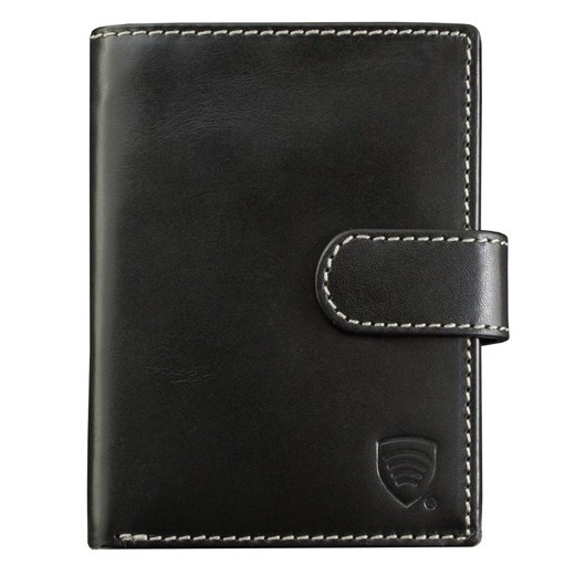 Skórzany pionowy portfel z zapięciem na karty zbliżeniowe (czarny z szarą nicią) czarny Koruma Id Protection  