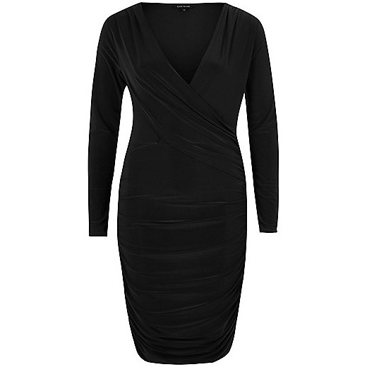 Black ruched long sleeve bodycon dress  River Island   