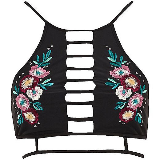 Black high neck floral embroidered bikini top 