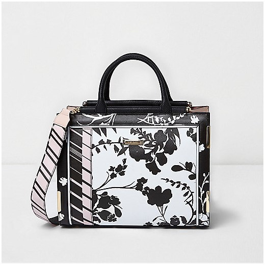 Black and white floral top bar tote bag 
