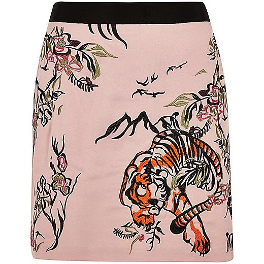 Pink tiger print embroidered mini skirt  River Island   