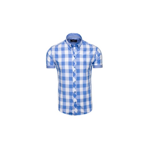 Błękitna koszula męska w kratę z krótkim rękawem Bolf 6522 Denley.pl  XL okazyjna cena  