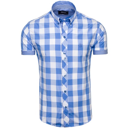 Błękitna koszula męska w kratę z krótkim rękawem Bolf 6522  Denley.pl XL okazyjna cena  