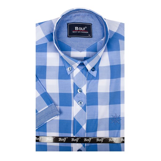 Błękitna koszula męska w kratę z krótkim rękawem Bolf 6522  Denley.pl M okazja  