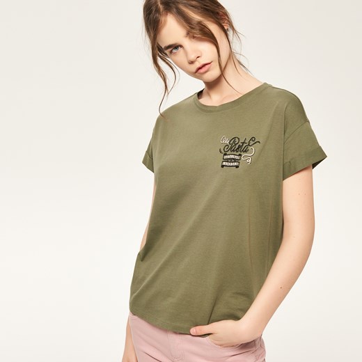 Reserved - T-shirt z wyhaftowanym napisem - Zielony szary Reserved XS