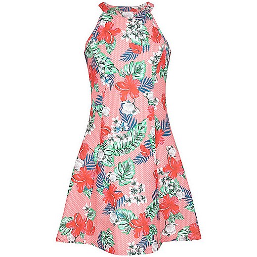 Girls pink tropical print fit and flare dress   River Island  