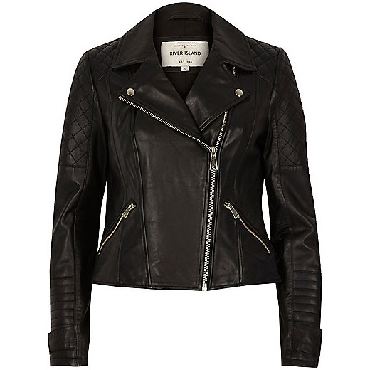 Black leather quilted biker jacket  czarny River Island  