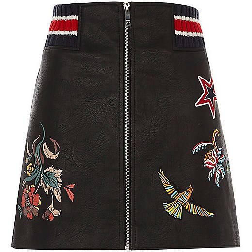 Black faux leather embroidered zip mini skirt   River Island  