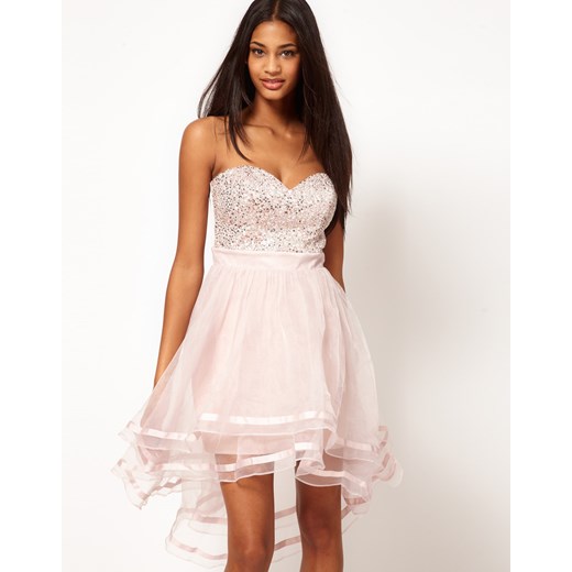 Sukienka Lipsy VIP Bandeau Light Pink Hi Lo Skirt pandzior-pl-new-vogue cekiny