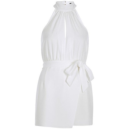 Petite white wrap front high neck playsuit   River Island  