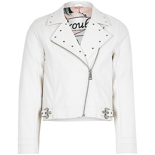 Girls white studded biker jacket 