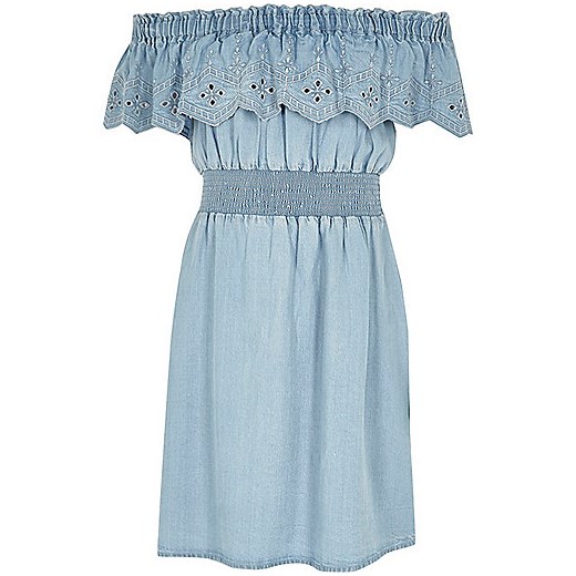 Girls blue frill denim bardot dress  River Island   