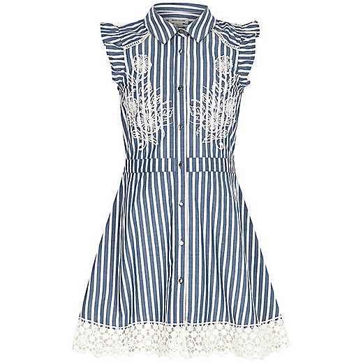 Girls blue stripe embroidered tea dress  River Island   