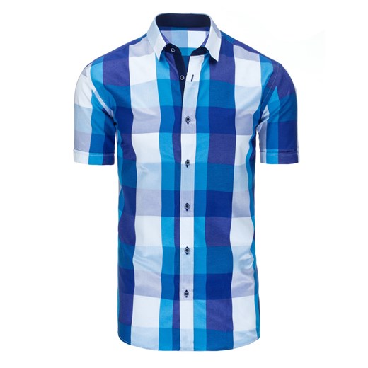 Biało-niebieska koszula męska w kratę z krótkim rękawem (kx0759)  Dstreet XL 