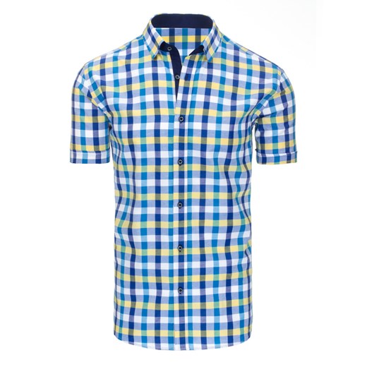Niebiesko-żółta koszula męska w kratę z krótkim rękawem (kx0761)  Dstreet XL 