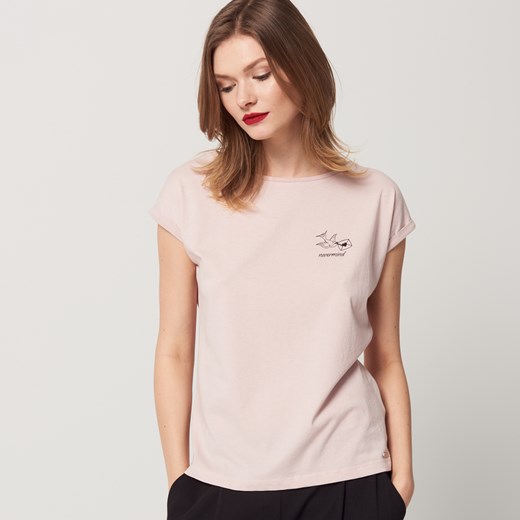 Mohito - Bawełniana koszulka z minimalistycznym nadrukiem - Różowy bezowy Mohito XS 