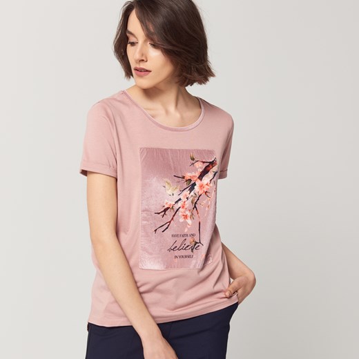 Mohito - Pudrowa koszulka z aksamitną aplikacją - Różowy Mohito rozowy L 