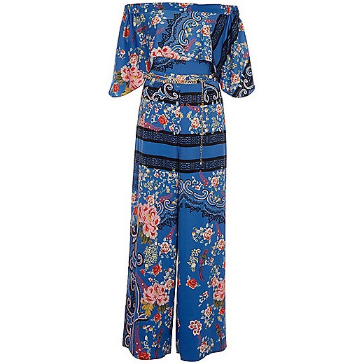 Blue floral baroque print tie waist kimono 