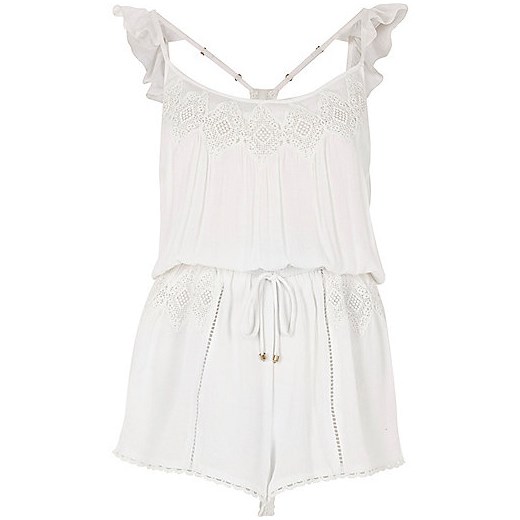 White lace insert frill shoulder playsuit 