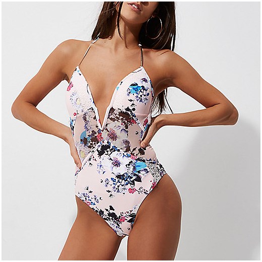 Pink floral mesh insert plunge swimsuit   River Island  