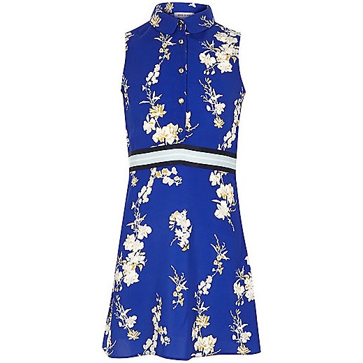 Girls blue floral print sleeveless tea dres  River Island   