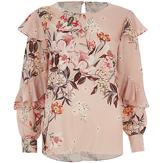 Pink floral print frill long sleeve top 