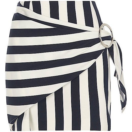 Navy stripe print buckle wrap mini skirt   River Island  
