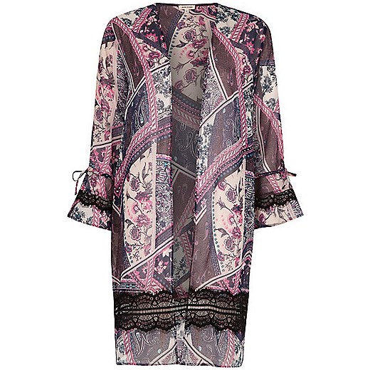 Pink scarf print lace insert duster coat 