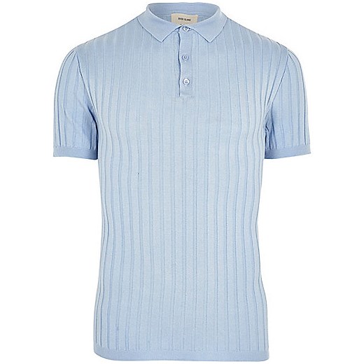 Light blue muscle fit ribbed knit polo shirt  River Island   
