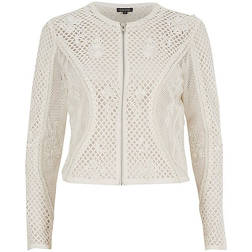 White mesh embellished cropped jacket 