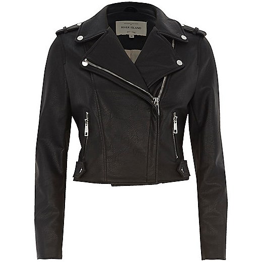 Petite black faux leather biker jacket 