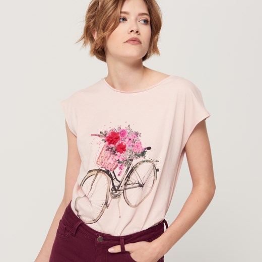 Mohito - Bawełniana koszulka z aplikacją - Różowy bezowy Mohito S 
