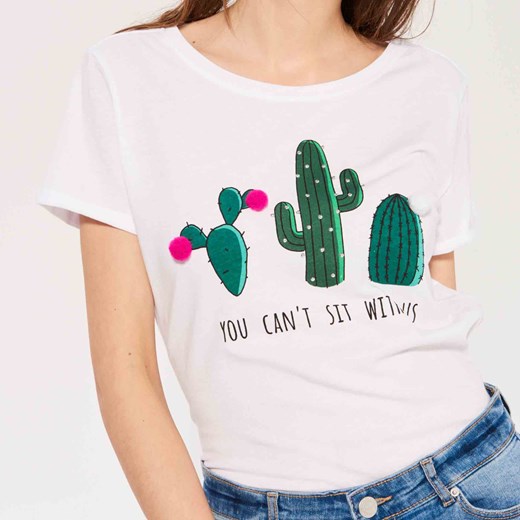 Sinsay - Koszulka z kaktusami - Biały Sinsay bezowy L 