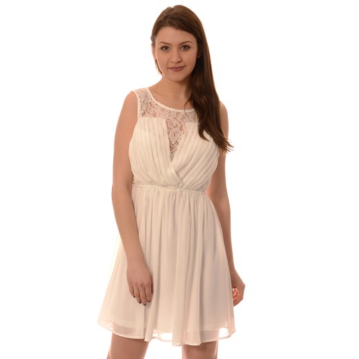 Rozkloszowana sukienka z plisowana górą w kolorze białym bezowy  S brendi.pl okazja 