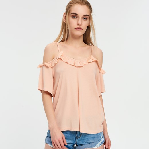Cropp - Bluzka z odkrytymi ramionami - Różowy bezowy Cropp XS