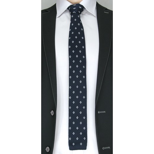 Granatowy Dziergany Krawat Typu Knit w Drobny Biały Wzór - 5,5 cm - Alties KRALTS0054