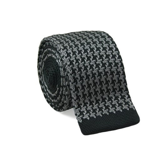 Dziergany Krawat  Męski Knit w Pepitkę - 5,5 cm - Alties, Czarno-Szary KRALTS0068
