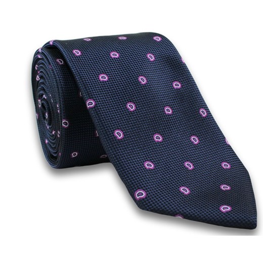 Elegancki Krawat Męski, Wzór PAISLEY -6,5cm- Chattier, Granatowo-Różowy KRCH0881