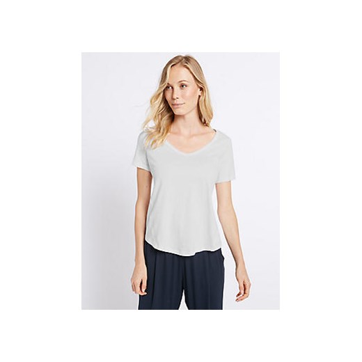 Pure Cotton V-Neck Short Sleeve T-Shirt  szary Marks & Spencer  Marks&Spencer