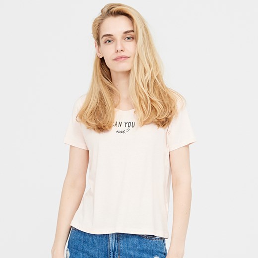 Cropp - T-shirt z nadrukiem - Różowy Cropp bezowy S 
