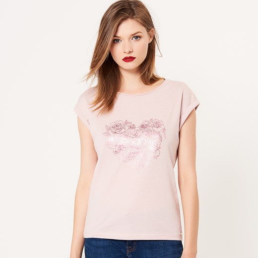 Mohito - Bawełniana koszulka z nadrukiem serce - Różowy Mohito bezowy S 