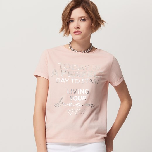 Mohito - Pudrowa koszulka z napisem - Różowy