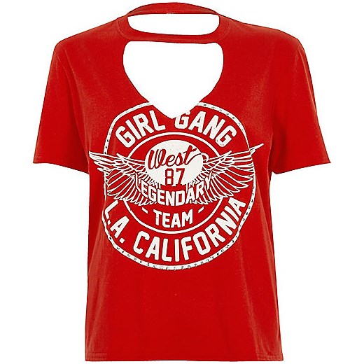 Petite red 'girl gang' choker neck T-shirt 