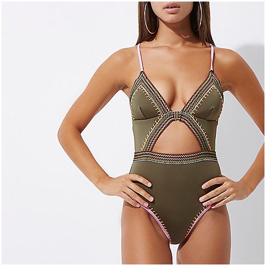 Green saddle stitch trim cut out swimsuit 