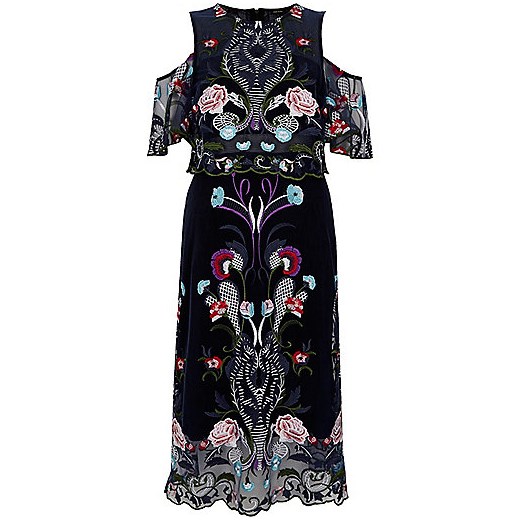 Navy floral embroidered mesh midi prom dress   River Island  