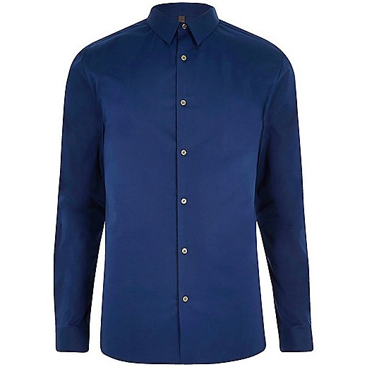 Blue micro point collar muscle fit shirt   River Island  
