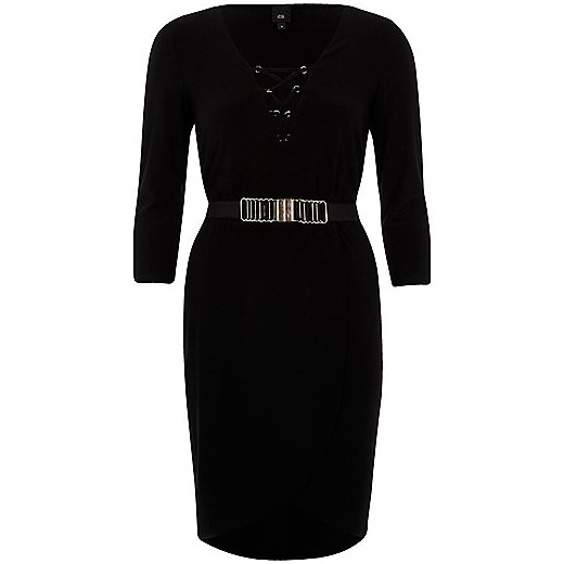 Black lace-up front belted bodycon dress   River Island  